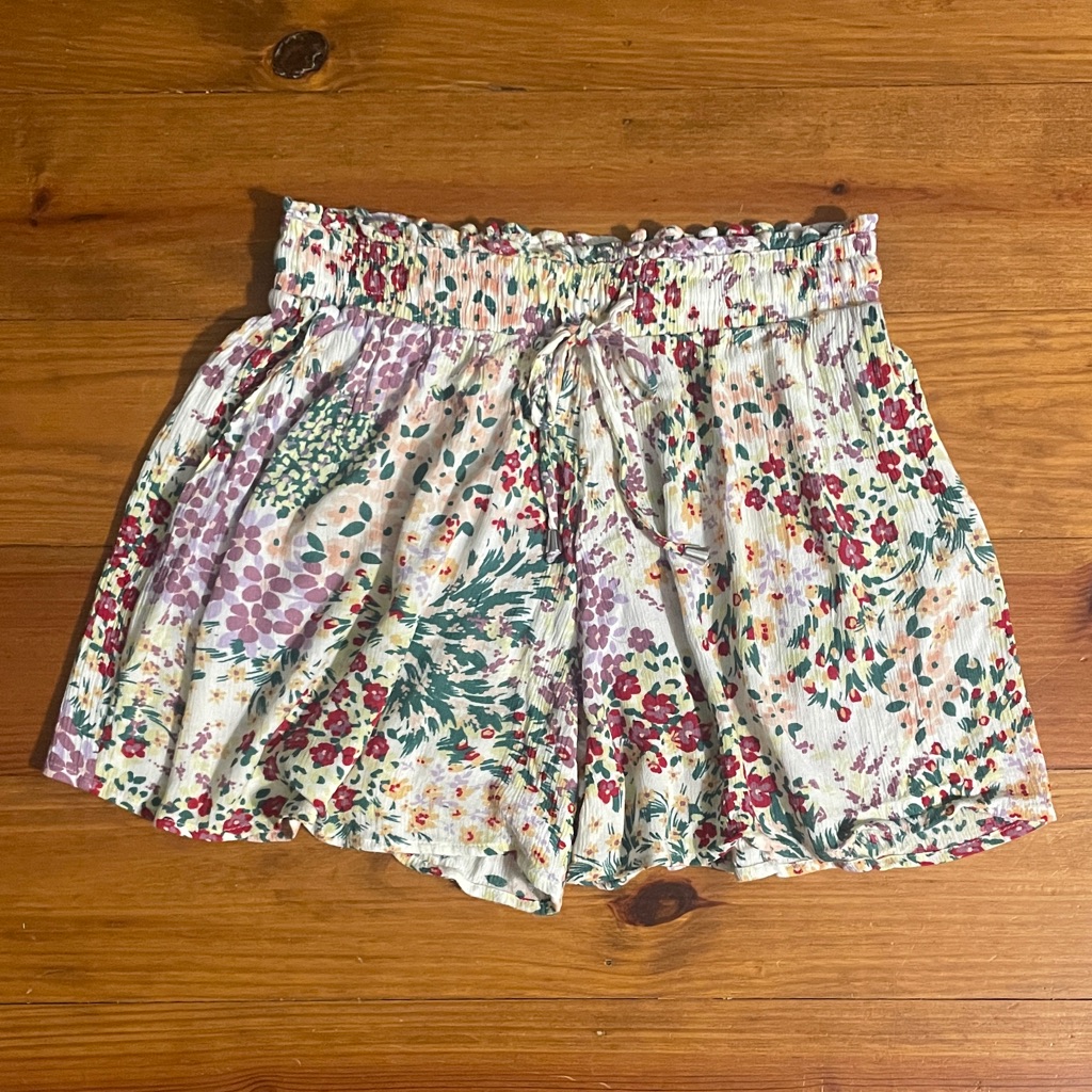 Maurices Cream Floral Paperbag Waist Shorts